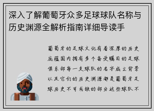 深入了解葡萄牙众多足球球队名称与历史渊源全解析指南详细导读手