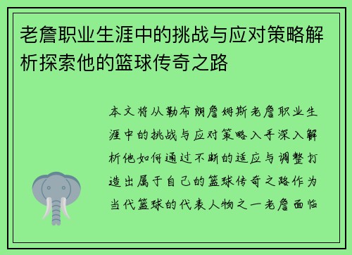 老詹职业生涯中的挑战与应对策略解析探索他的篮球传奇之路