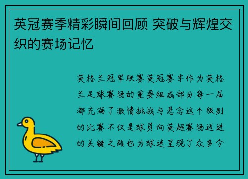 英冠赛季精彩瞬间回顾 突破与辉煌交织的赛场记忆